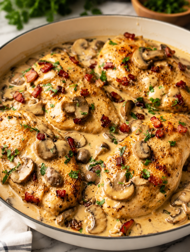 Riesling reducing in a skillet with mushrooms