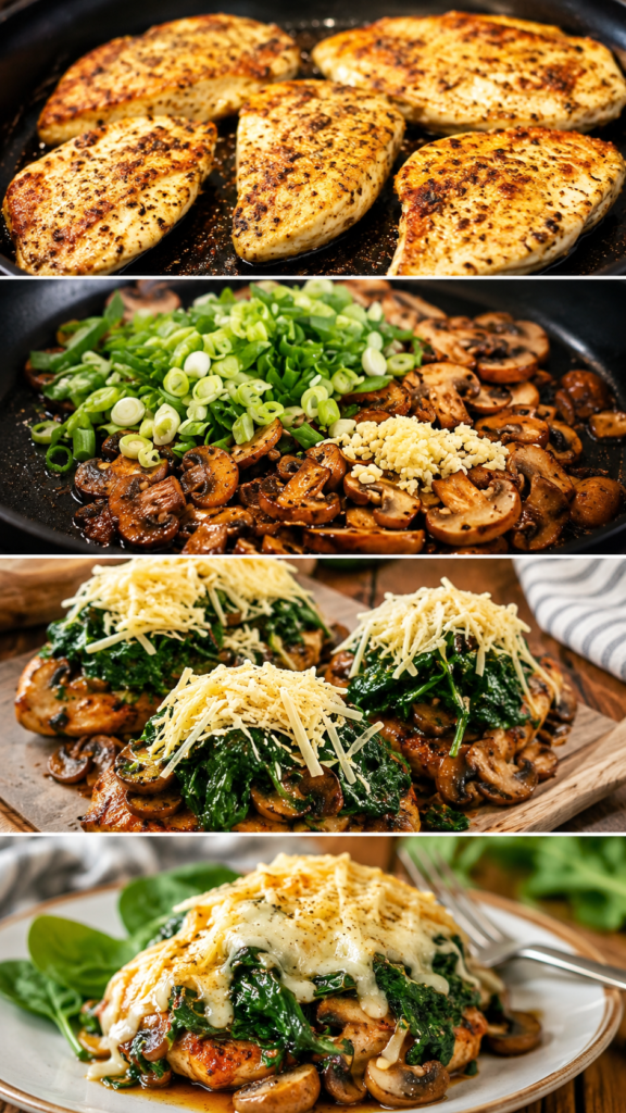 Chicken breasts searing golden in a skillet