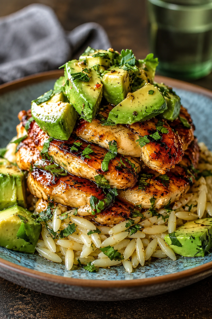 Honey lime chicken avocado rice stack plated