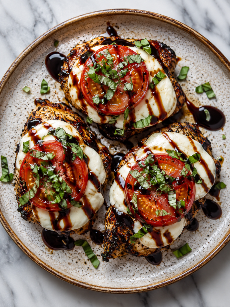 Grilled chicken caprese topped with basil and balsamic glaze
