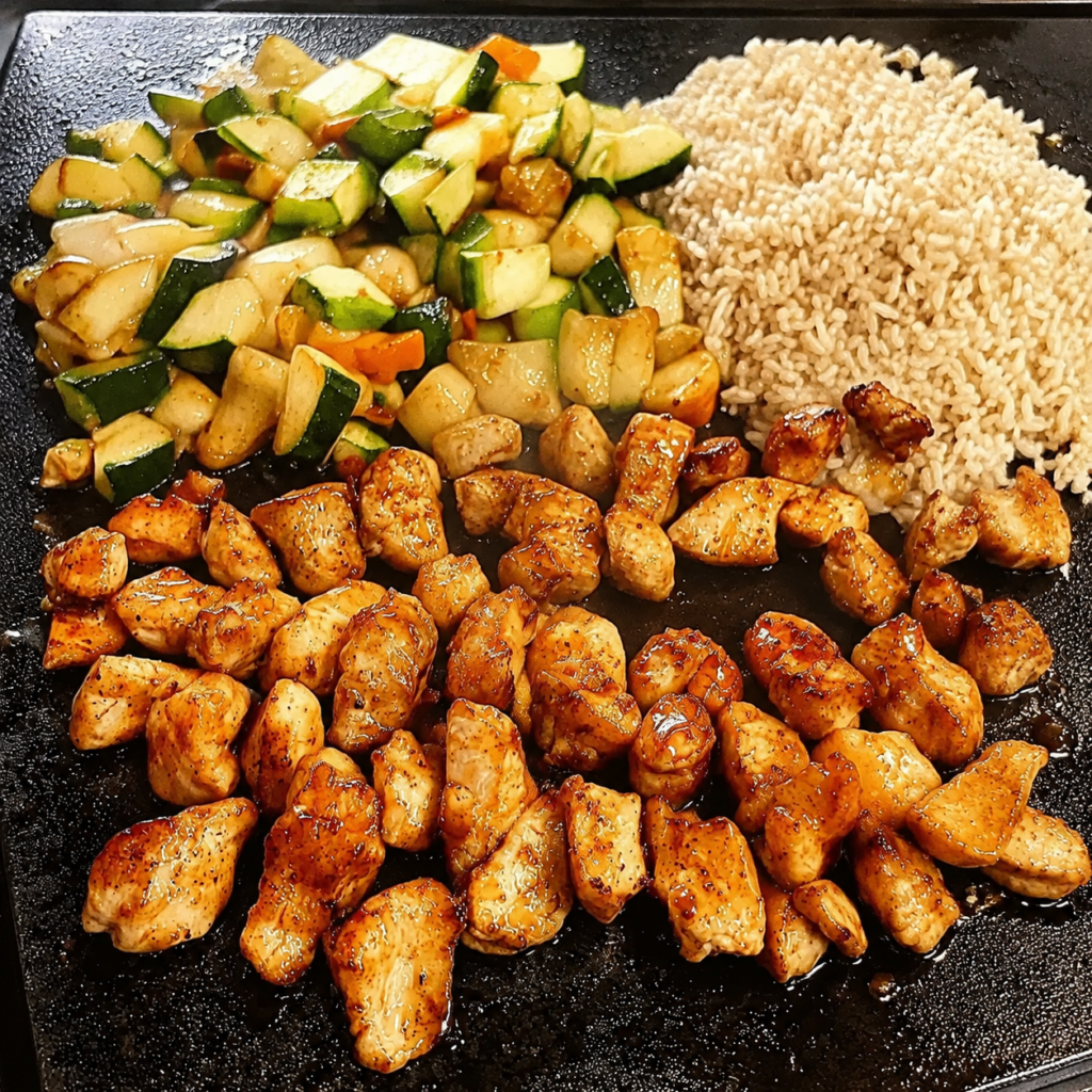 Fried rice cooking with egg in another zone of the griddle