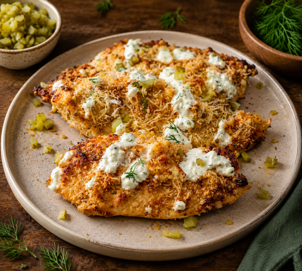 Chicken coated in panko parmesan breading