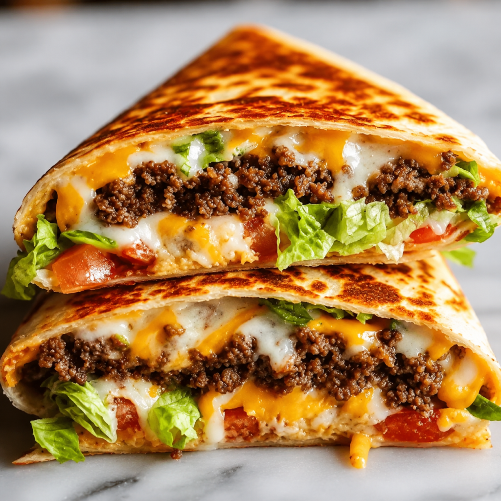 Tortilla folded tightly around beef and toppings