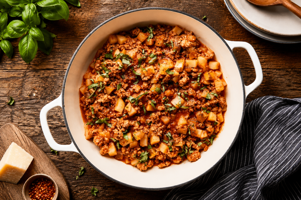 Ground turkey and potatoes combined and seasoned in a skillet