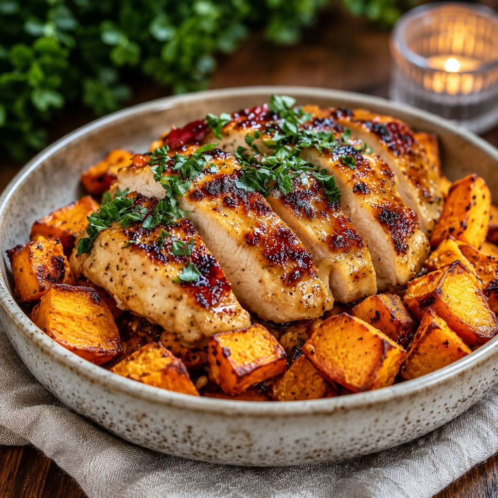Maple dijon chicken bowl with sweet potatoes plated