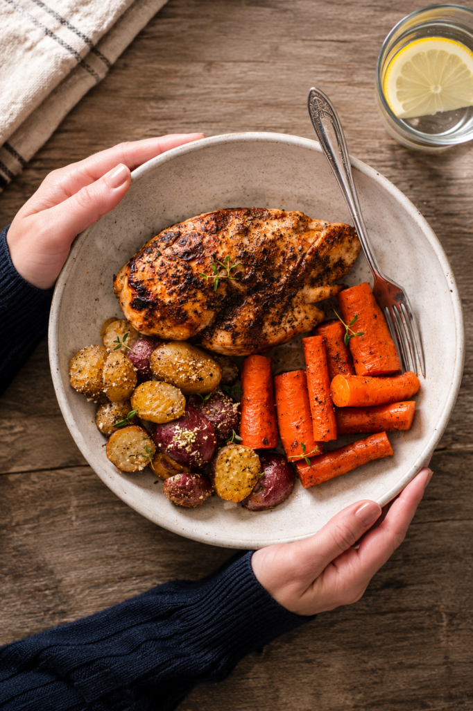 Sheet pan balsamic chicken with potatoes and carrots plated