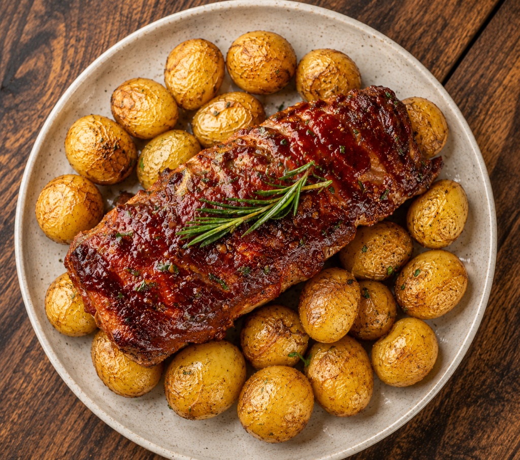 Sliced honey garlic pork tenderloin with roasted potatoes