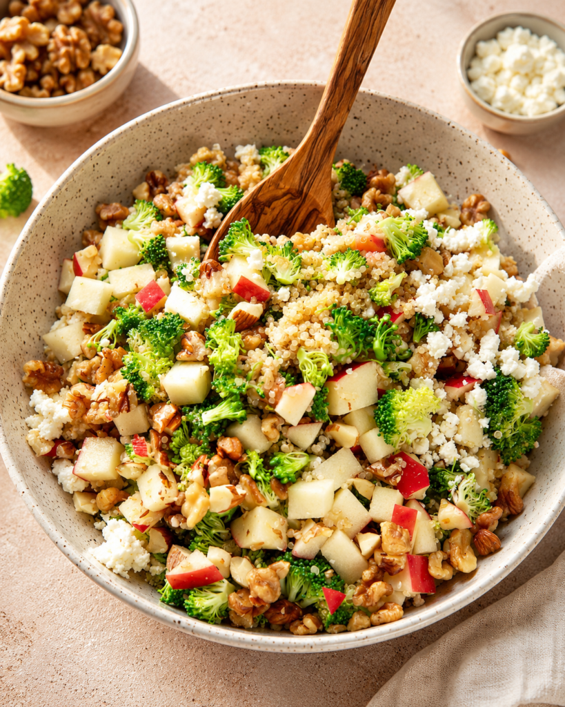 Broccoli apple quinoa salad in a serving bowl