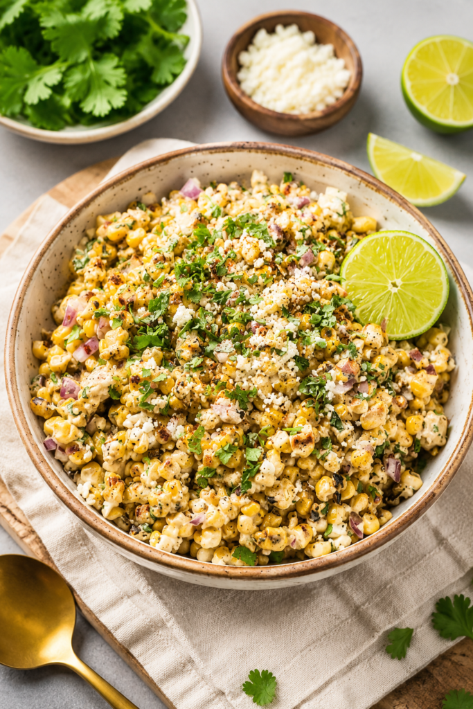 High protein corn salad topped with cotija and cilantro