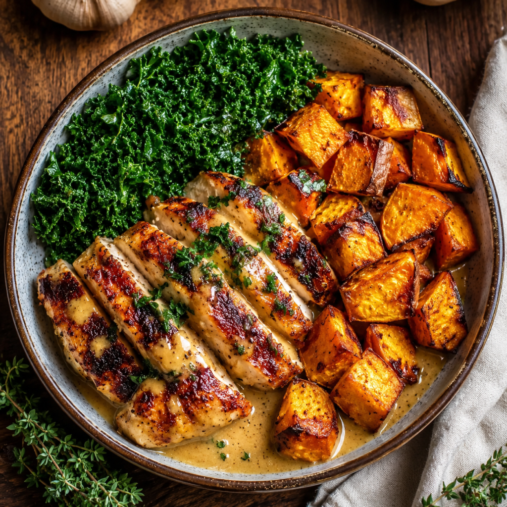 Cubed sweet potatoes roasting on a sheet pan