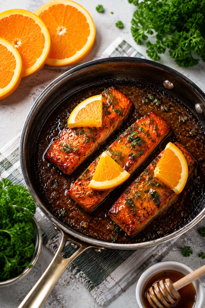 Glazed orange salmon garnished with orange zest