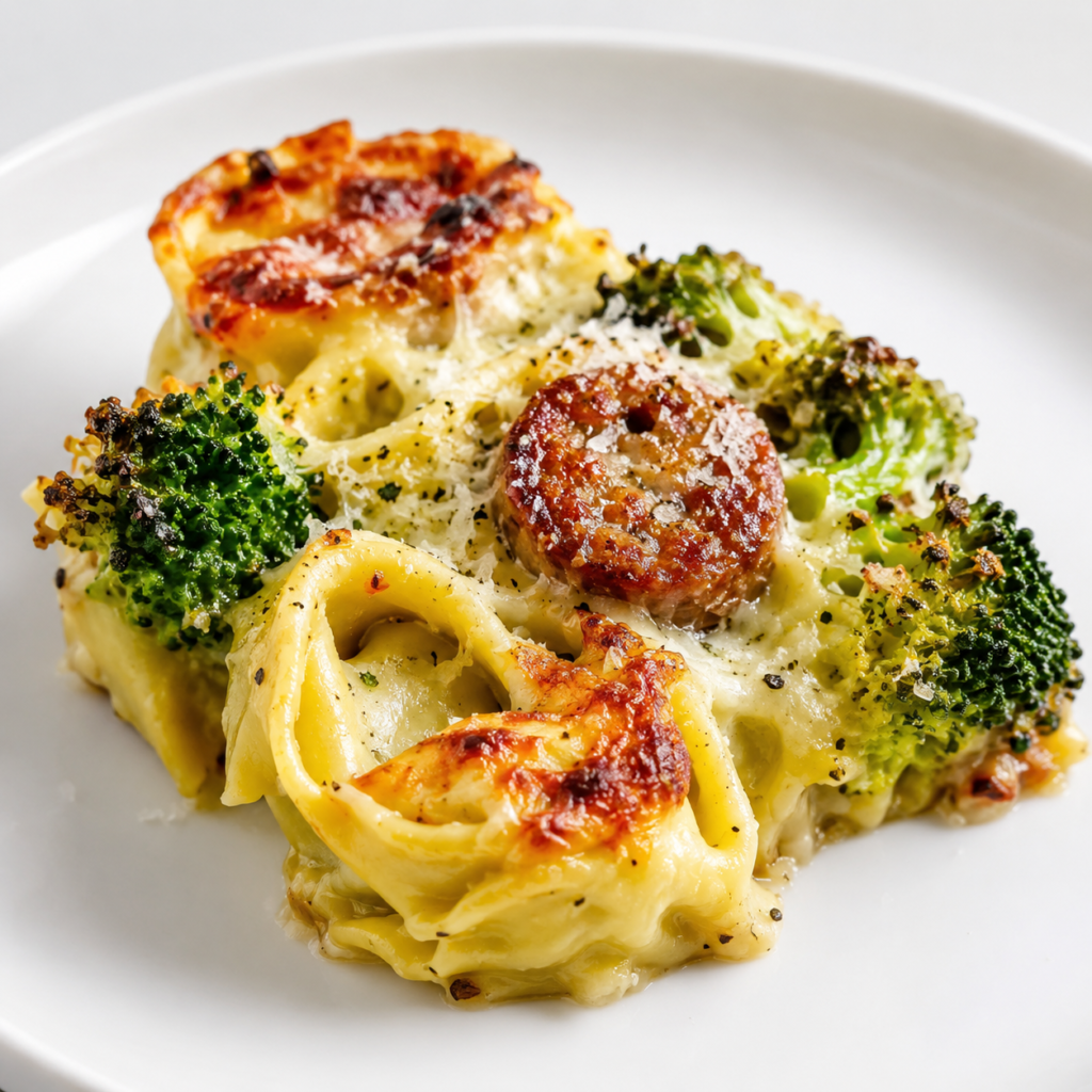Finished sheet pan broccoli tortellini bake topped with parmesan