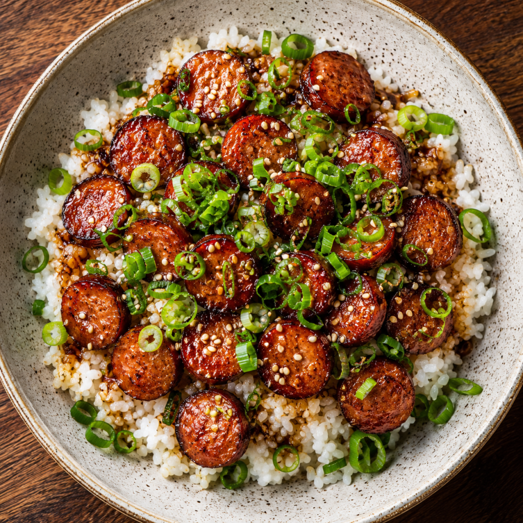 Rice simmering in honey garlic glaze with sausage
