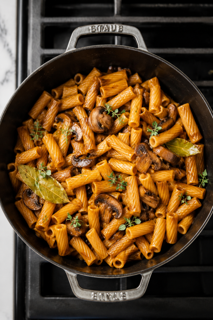 Mushrooms and garlic added to caramelized onions