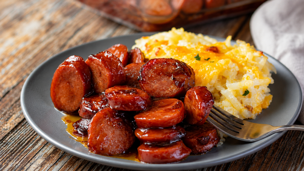 Golden caramelized baked BBQ sausage fresh from the oven