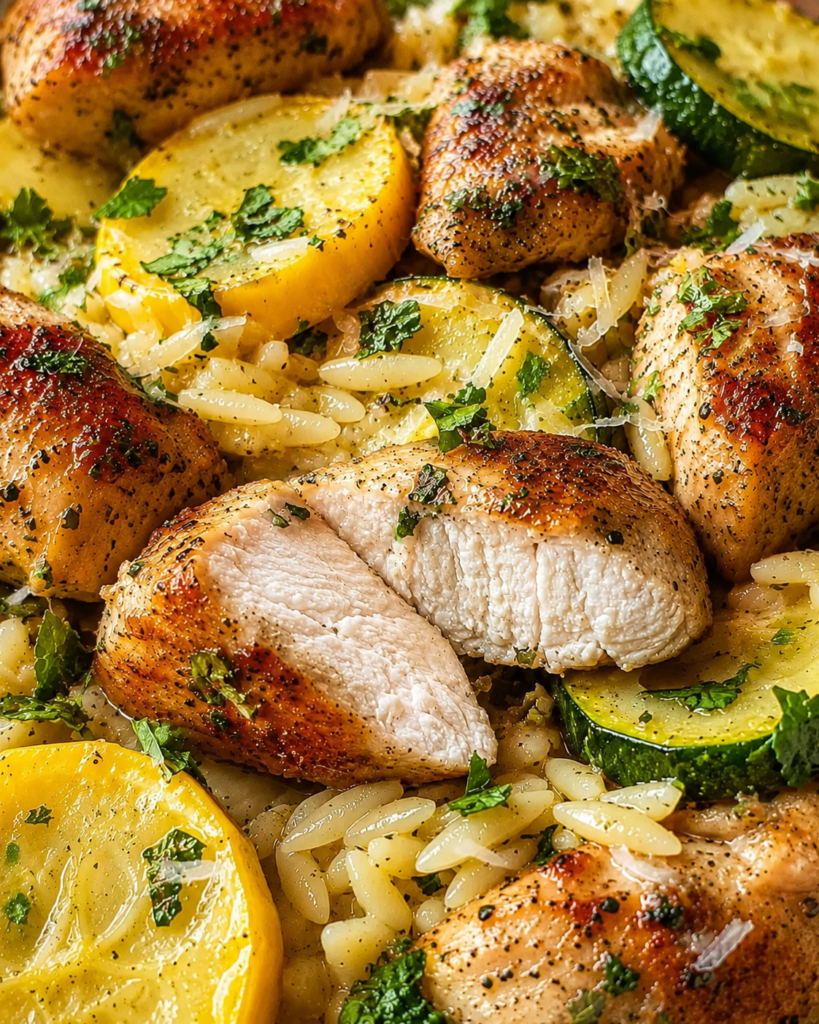 Plated chicken and zucchini skillet over orzo with parmesan