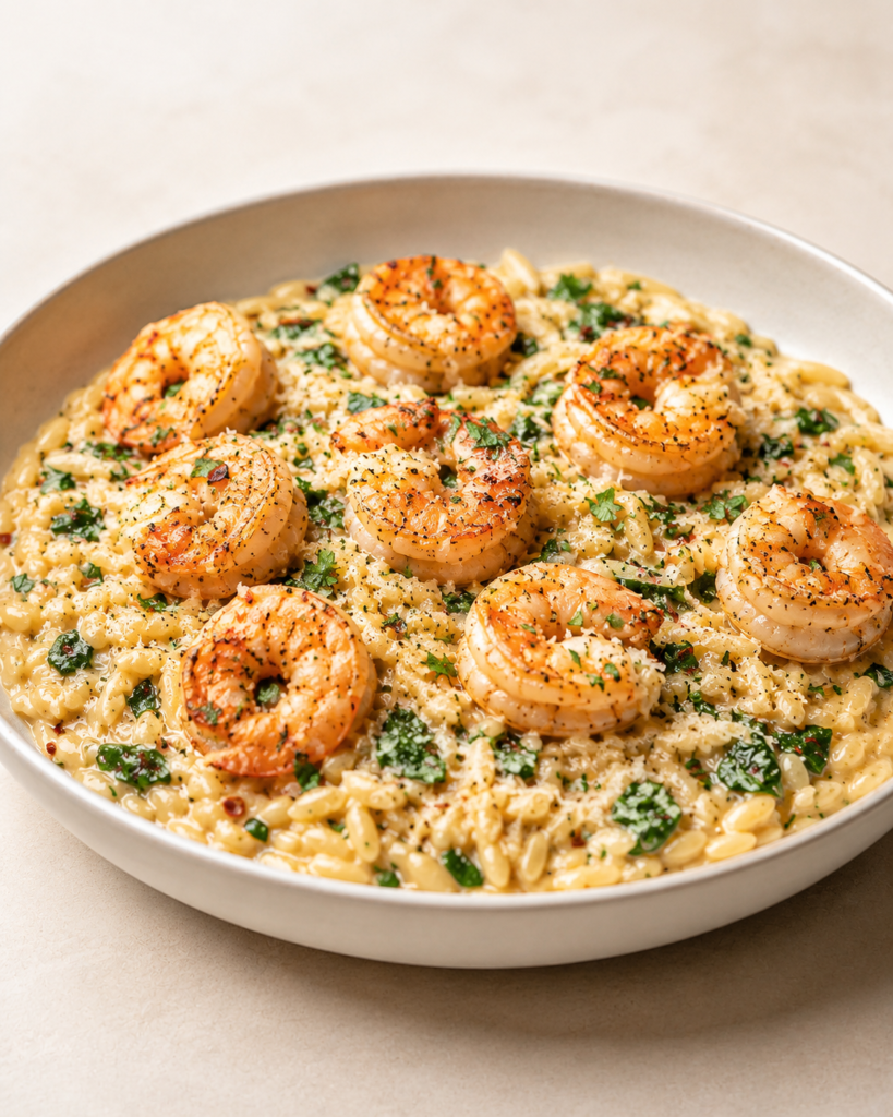 Shrimp returned to creamy orzo with lemon