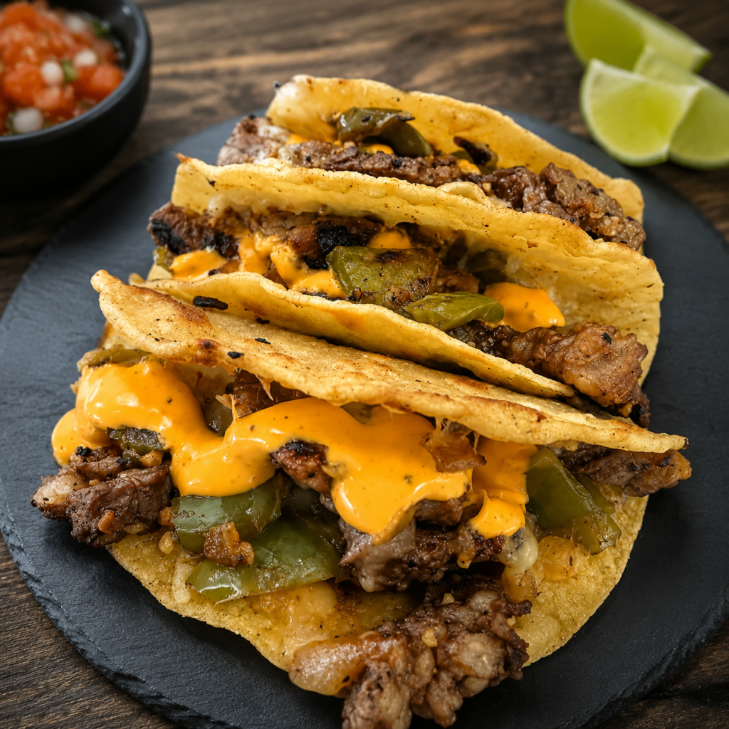 Steak cheese tacos folded and filled with toppings