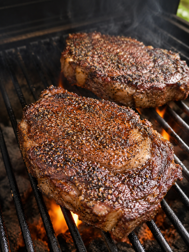 Corn charring on a grill alongside seasoned steak