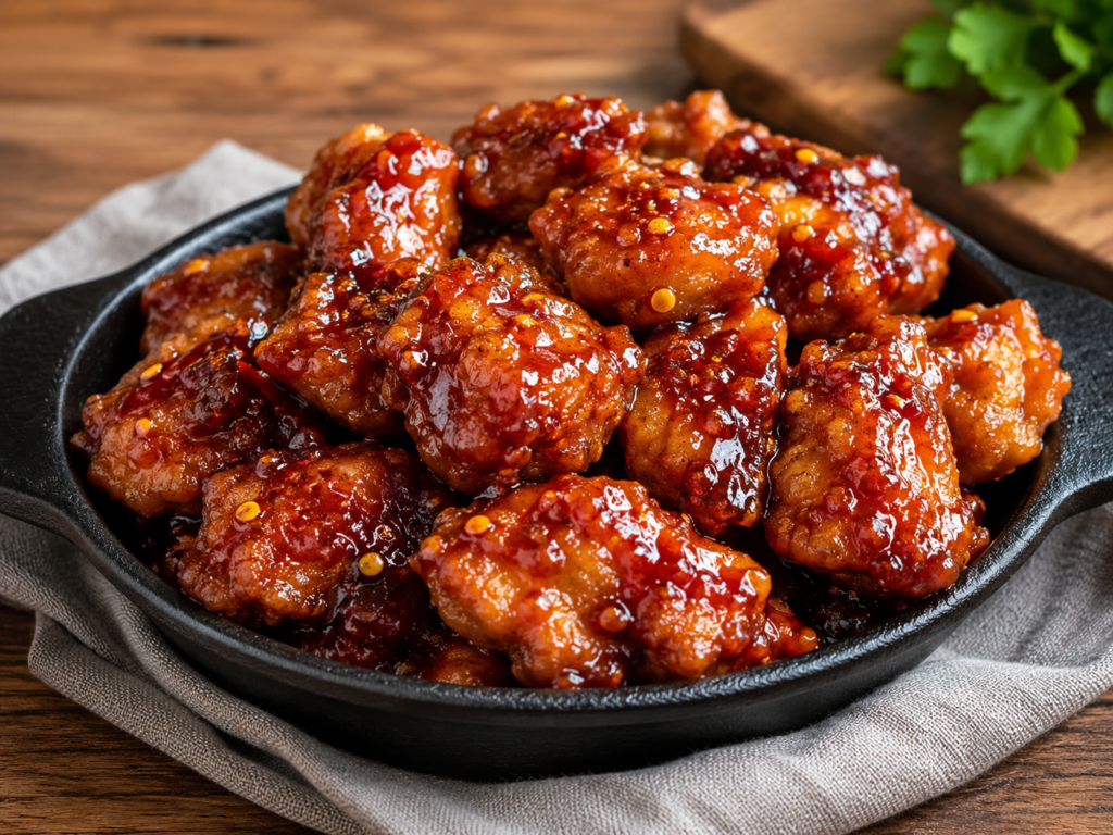 Sticky bourbon chicken garnished with green onions