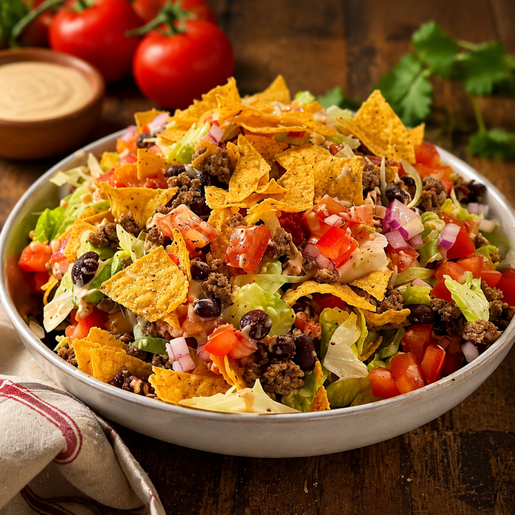 Taco salad ingredients combined in a large bowl