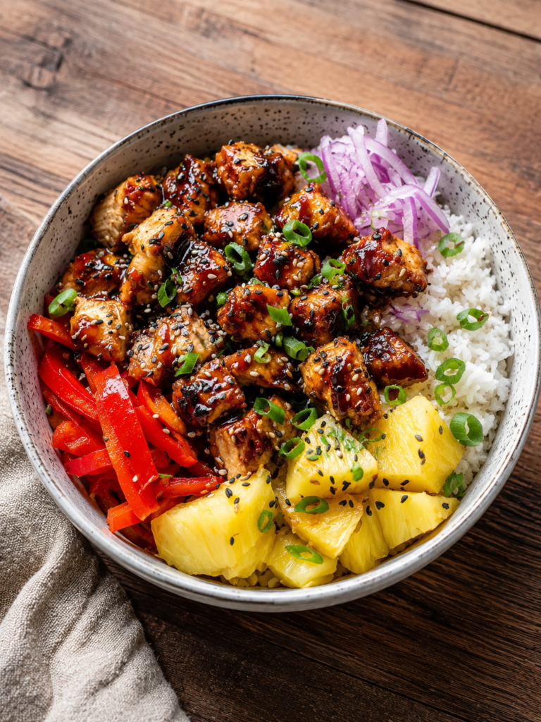 Hawaiian chicken bowl with charred pineapple over rice