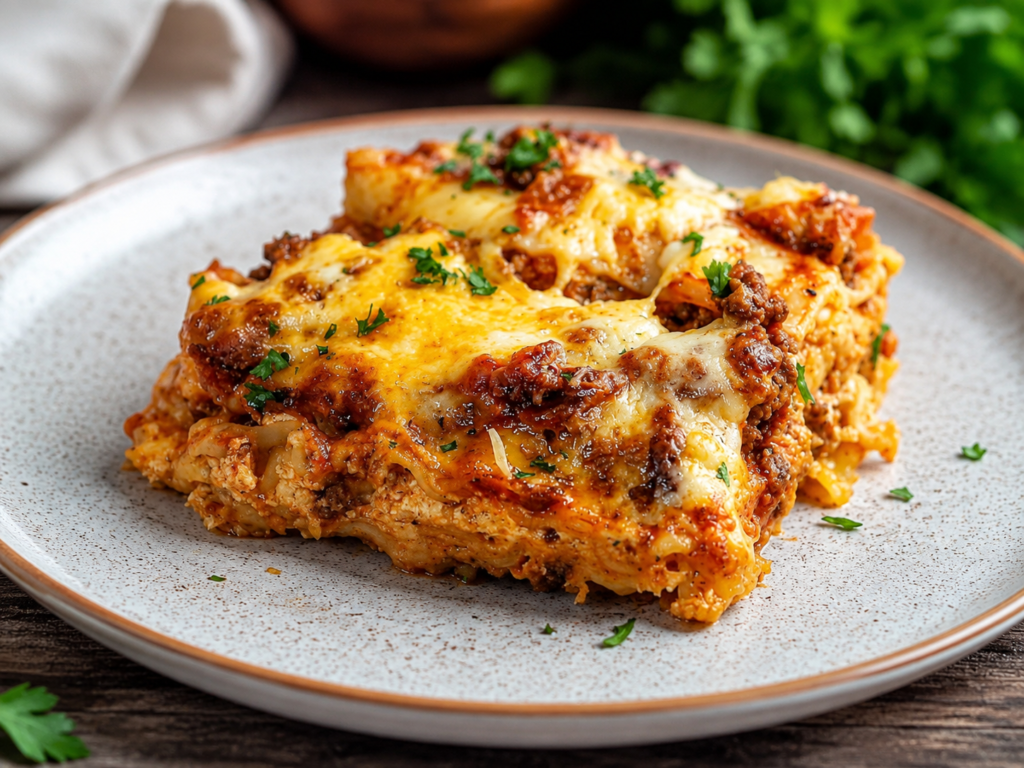 Baked cheeseburger lasagna with melted cheese