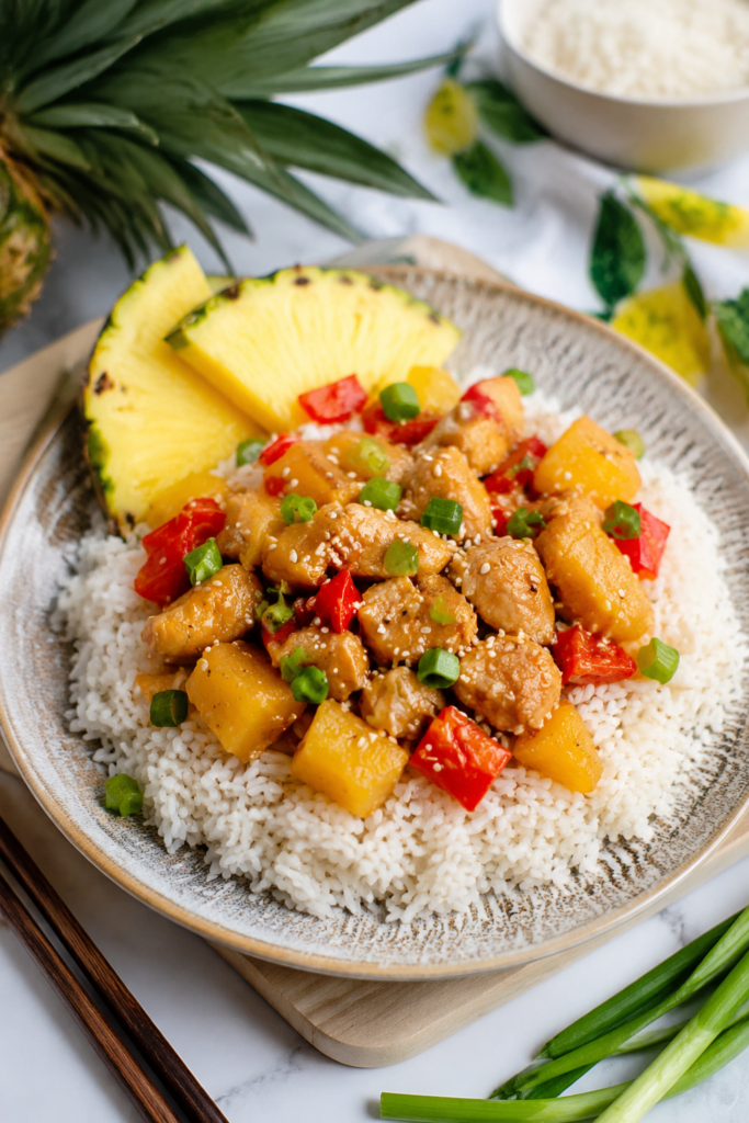 Rice and chicken simmering in pineapple sauce