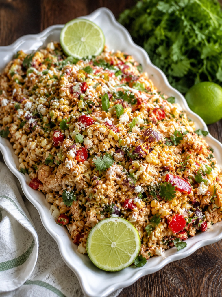 Diced chicken, corn, and vegetables combined in a bowl