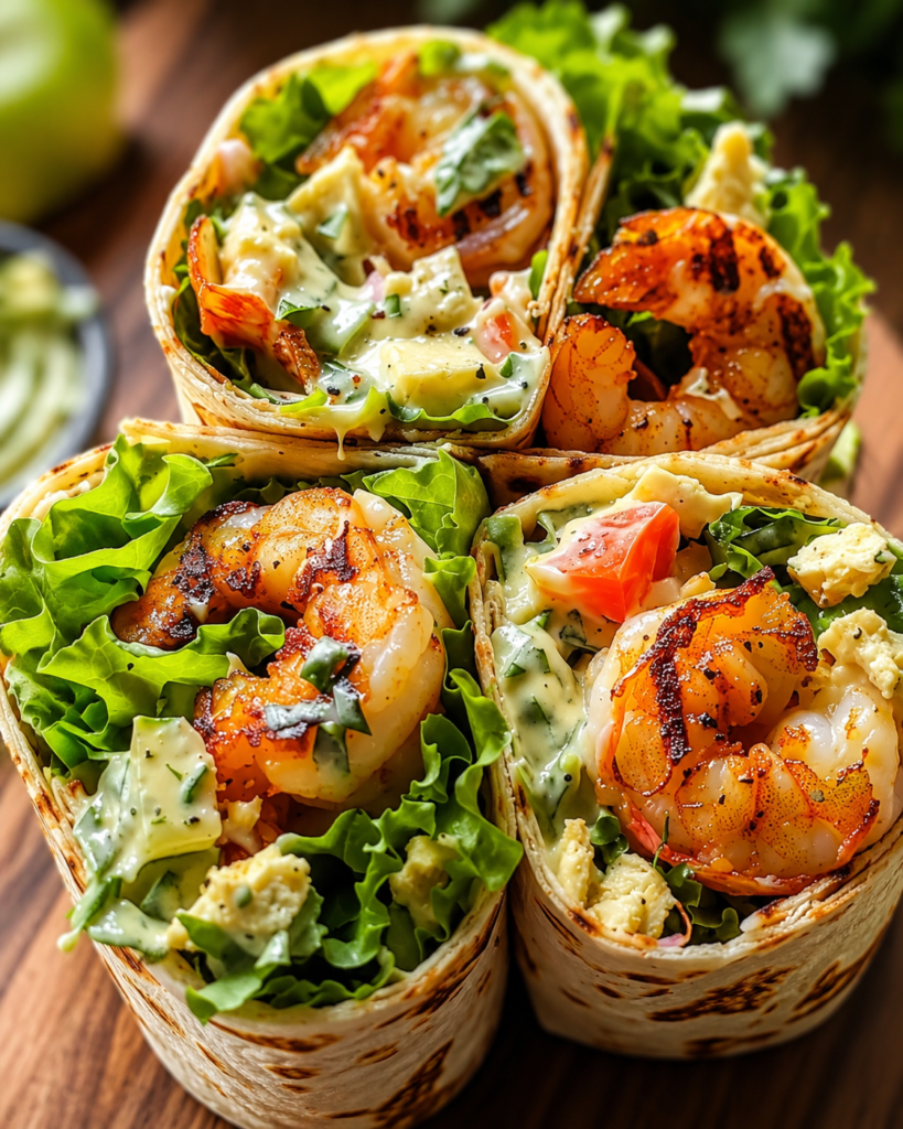 Grilled shrimp caesar wraps sliced diagonally