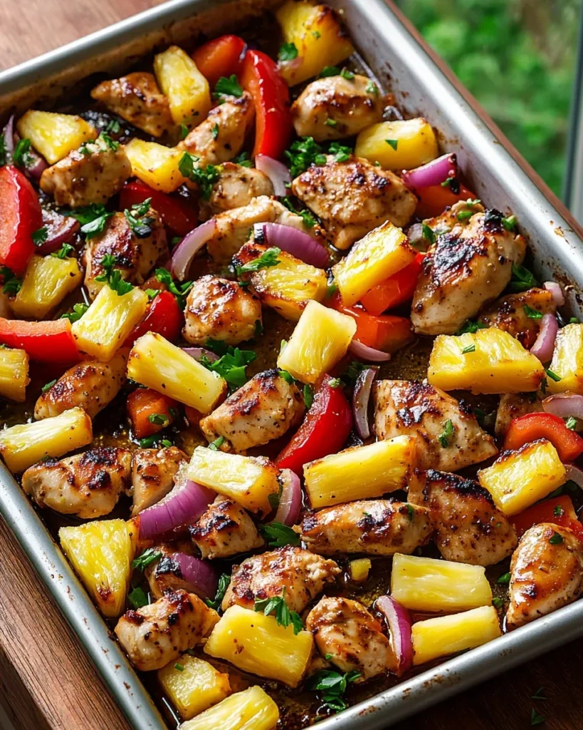 Sheet pan with chicken, pineapple, and bell peppers before roasting