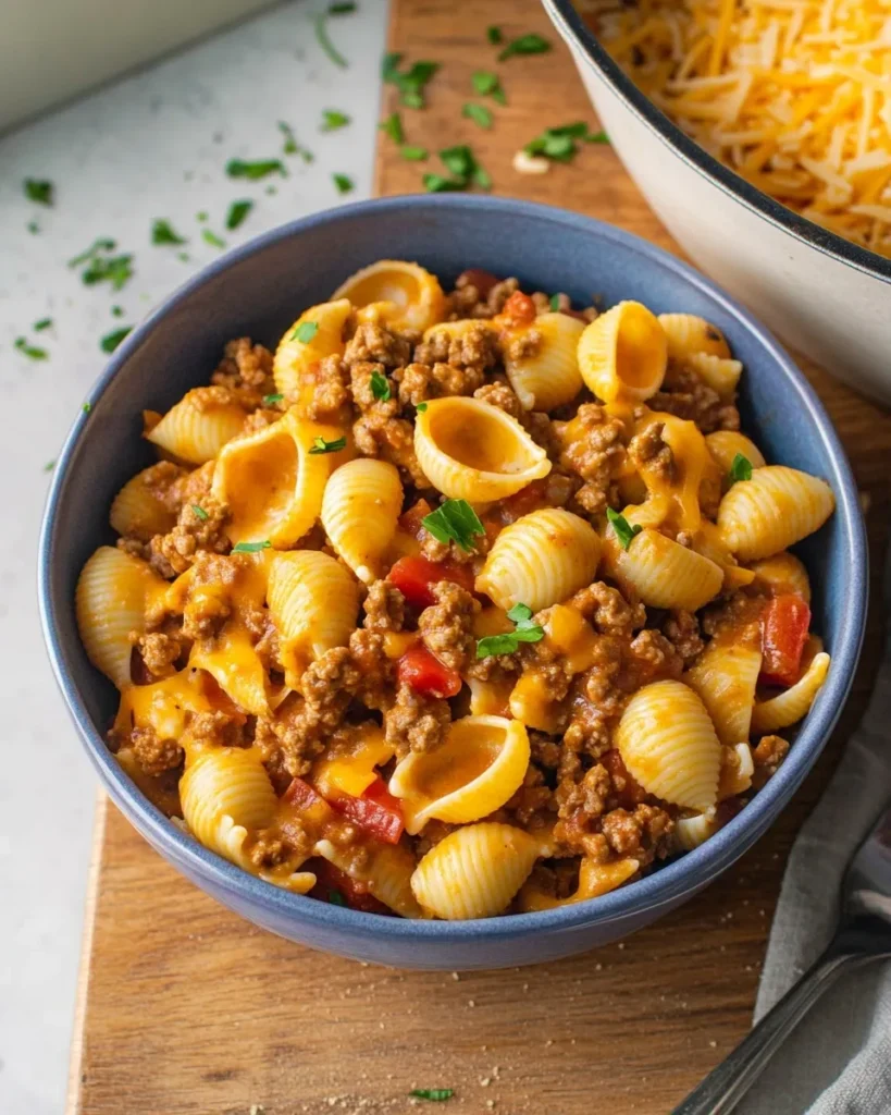 Dry pasta and broth added to the pan with taco seasoning