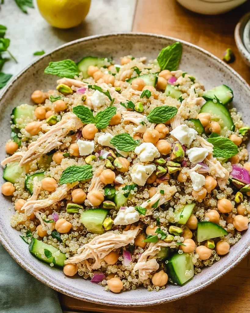 Quinoa, chicken, chickpeas, and herbs combined in a large bowl