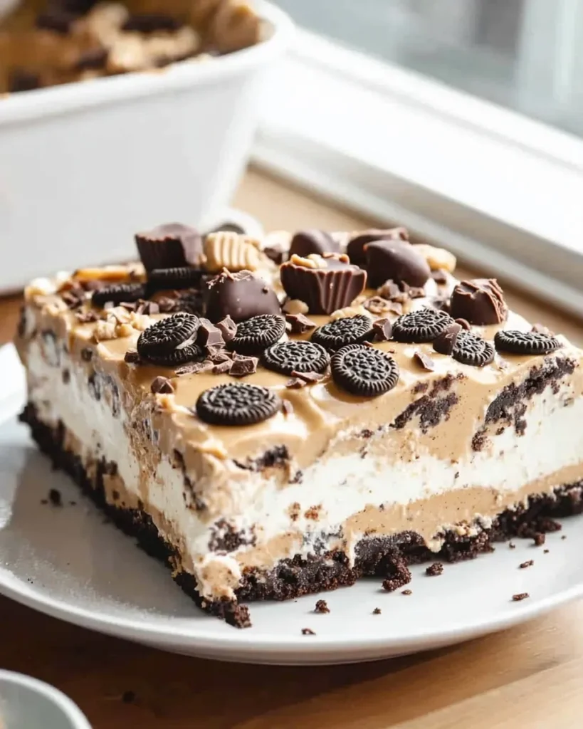 Chocolate pudding spread over the peanut butter layer