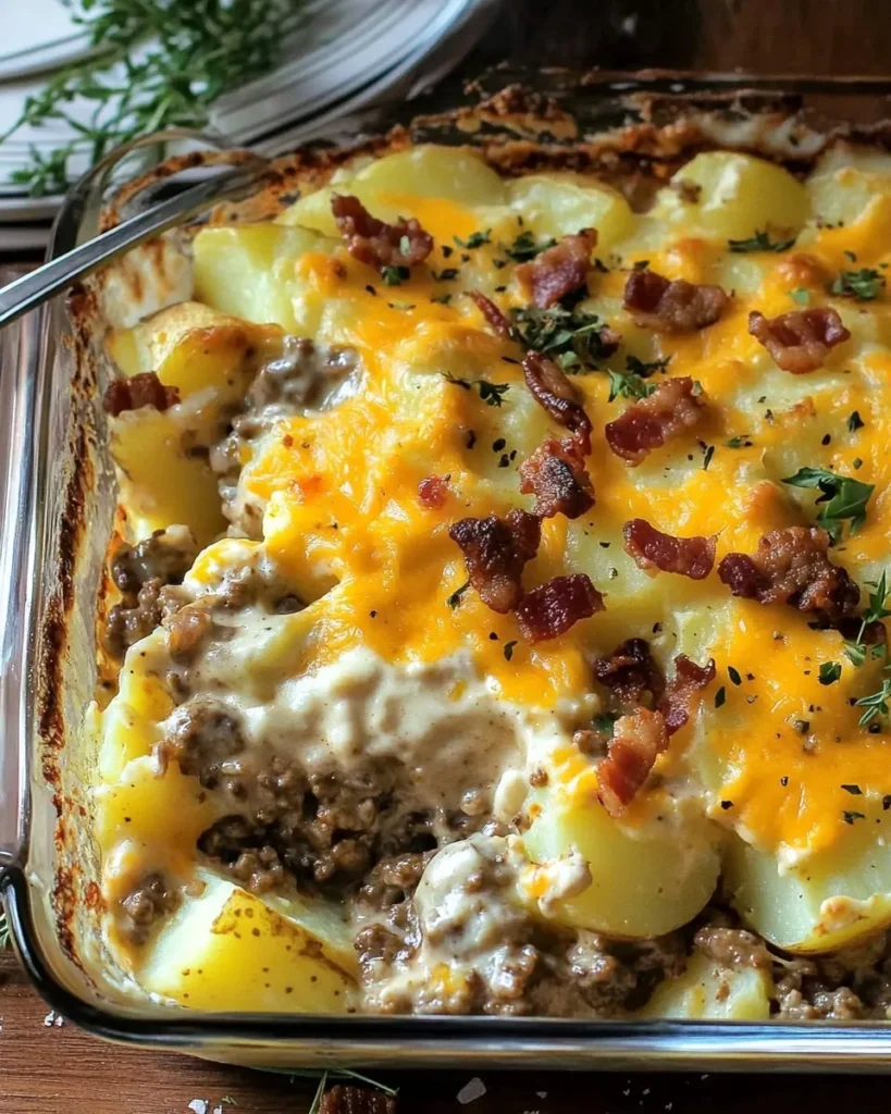 Sliced potatoes and beef layered in a baking dish