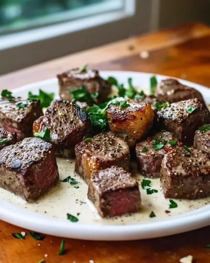 Steak bites searing in a hot skillet