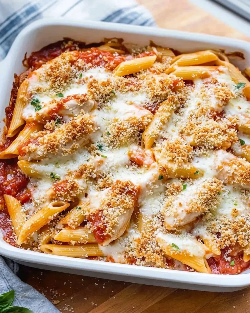 Chicken layered with marinara and cheese in a baking dish