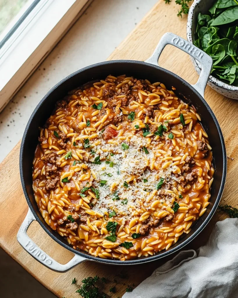 Orzo simmering in beefy tomato broth