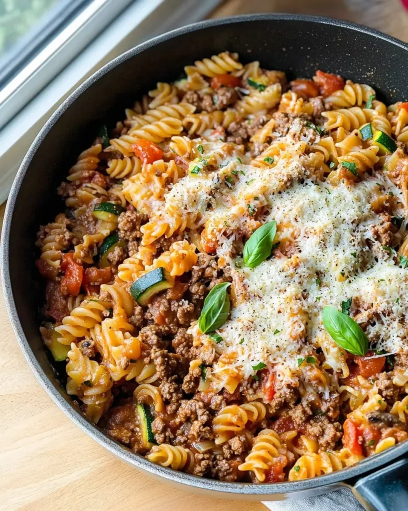 Pasta simmering in beefy tomato sauce in a skillet