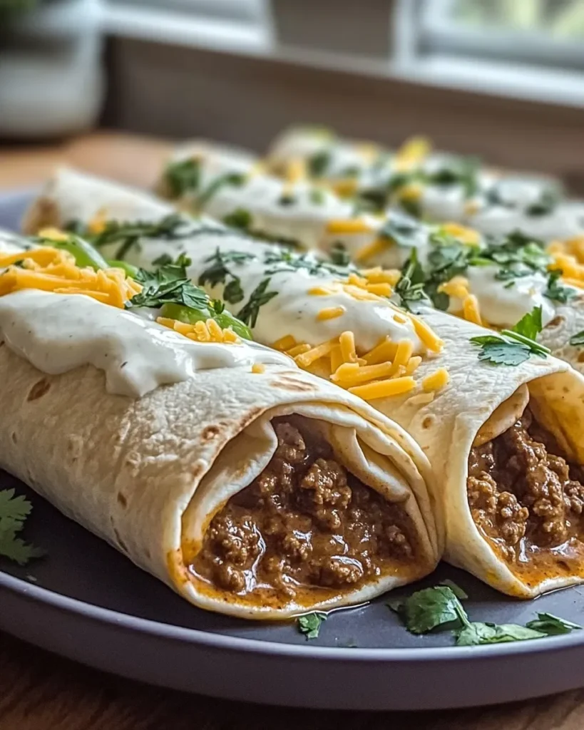 Wrapped burritos covered in enchilada sauce in a baking dish