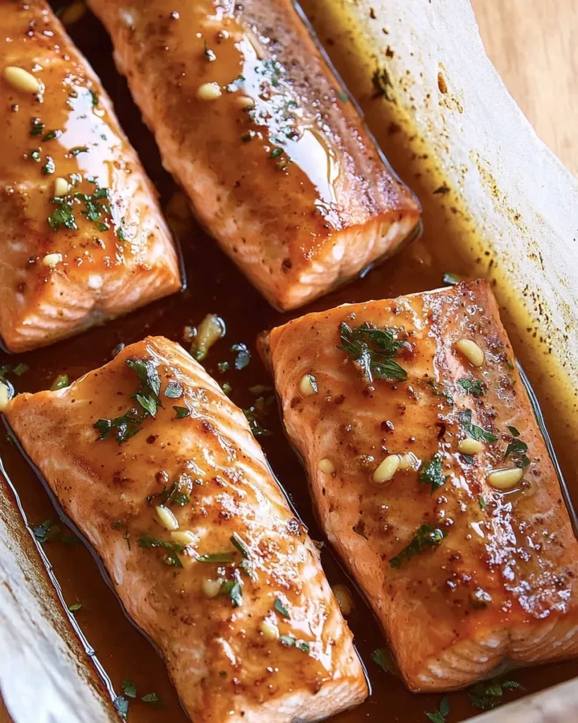 Garlic butter brushed over salmon fillets