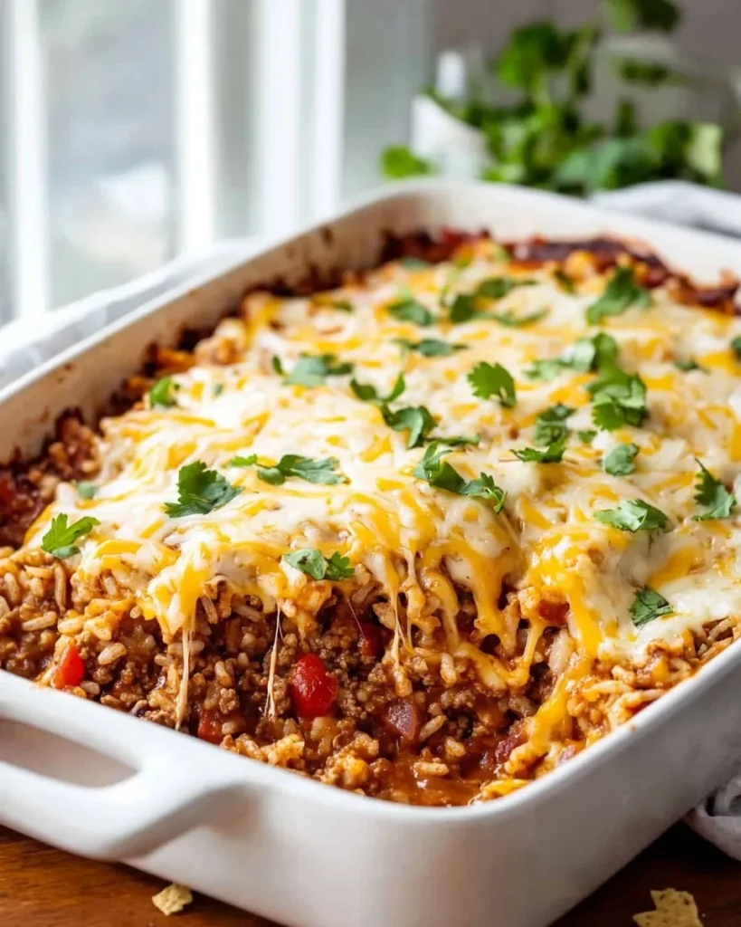 Beef and rice mixture topped with cheese in a baking dish