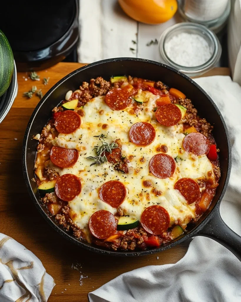 Pizza toppings scattered over sauce and beef in a skillet