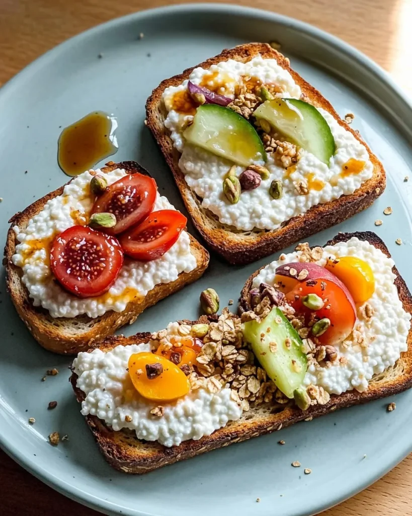 Cottage cheese toast topped with avocado and chili flakes