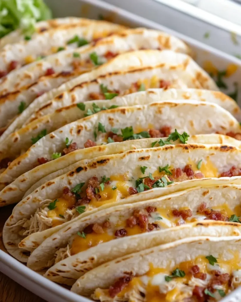 Tacos standing upright in a baking dish before baking