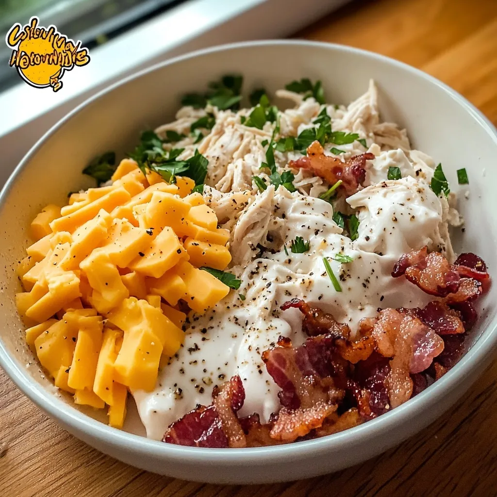 Shredded chicken, cheddar, and bacon combined in a mixing bowl