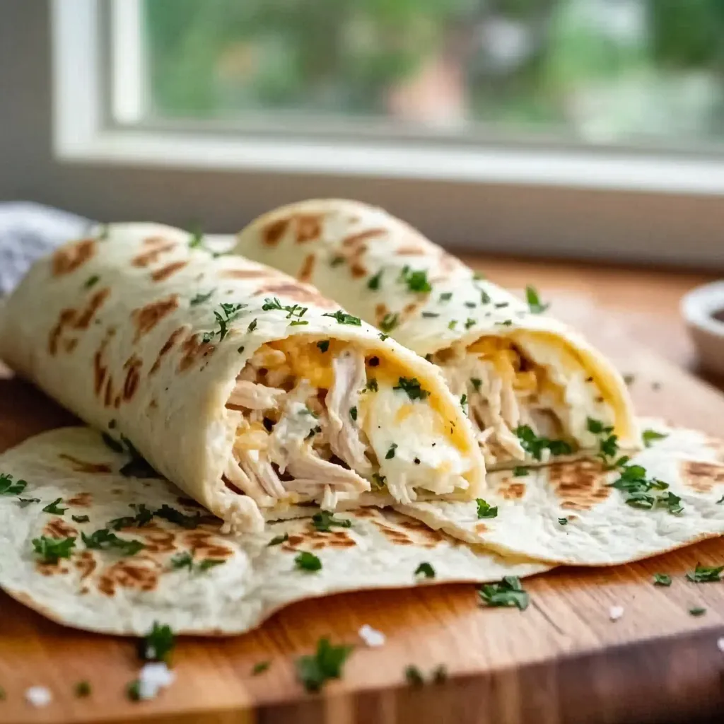 Cheesy garlic chicken filling being wrapped in a tortilla