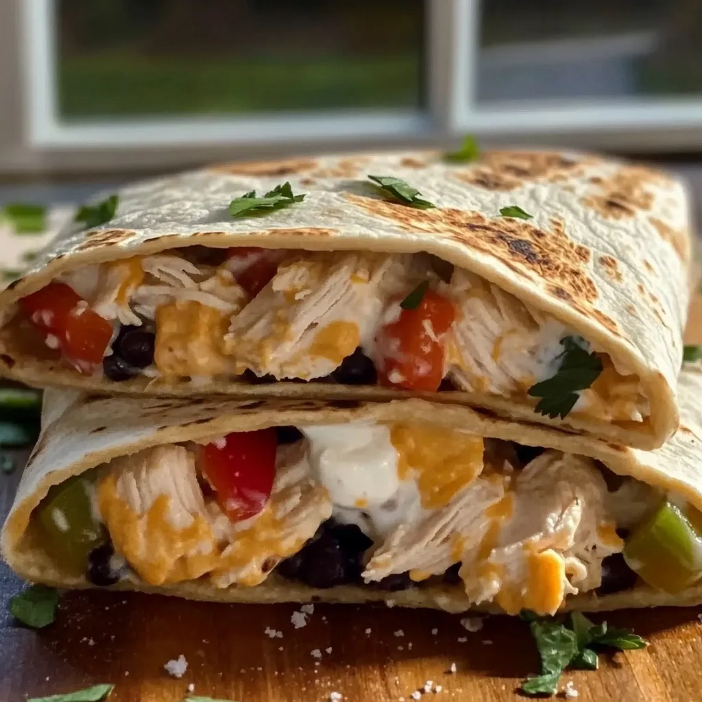 Chicken, beans, cheese, and peppers filling a tortilla