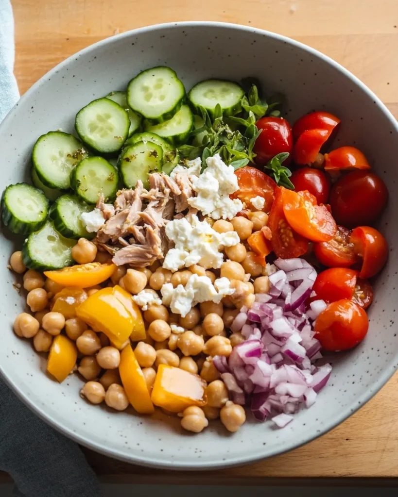 Greek salad ingredients combined in a large bowl