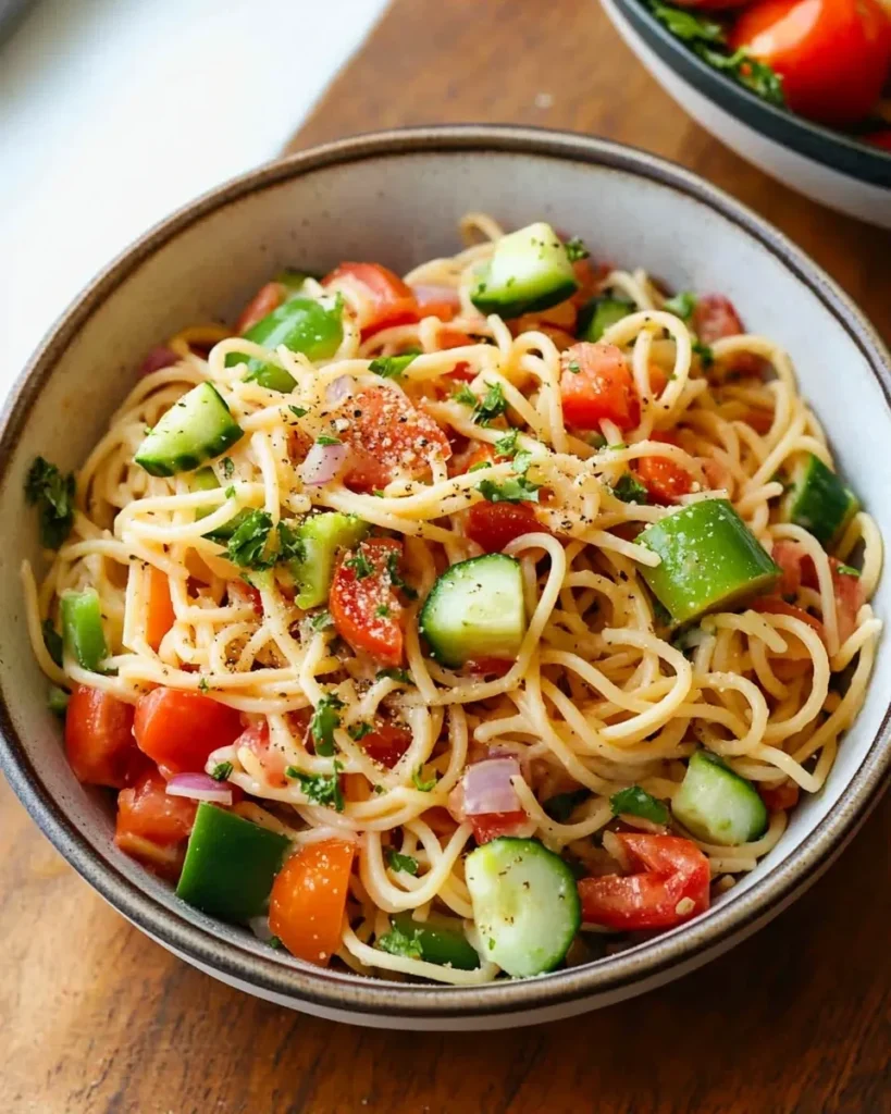 Pasta salad ingredients combined in a large bowl